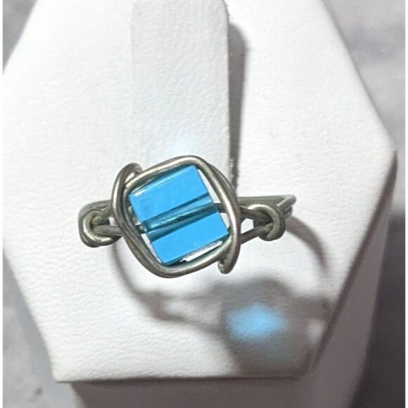 Blue And Silver Tone Wire Wrapped Handmade Glass Beaded Ring Size 7 - Picture 1 of 4